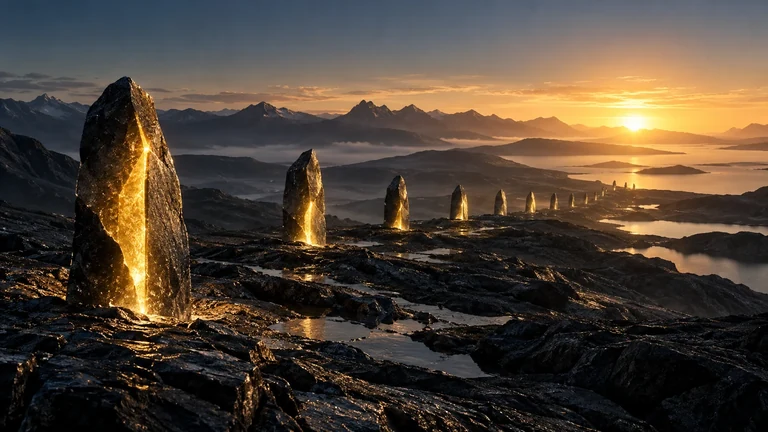 Illuminated stone markers leading towards dawn